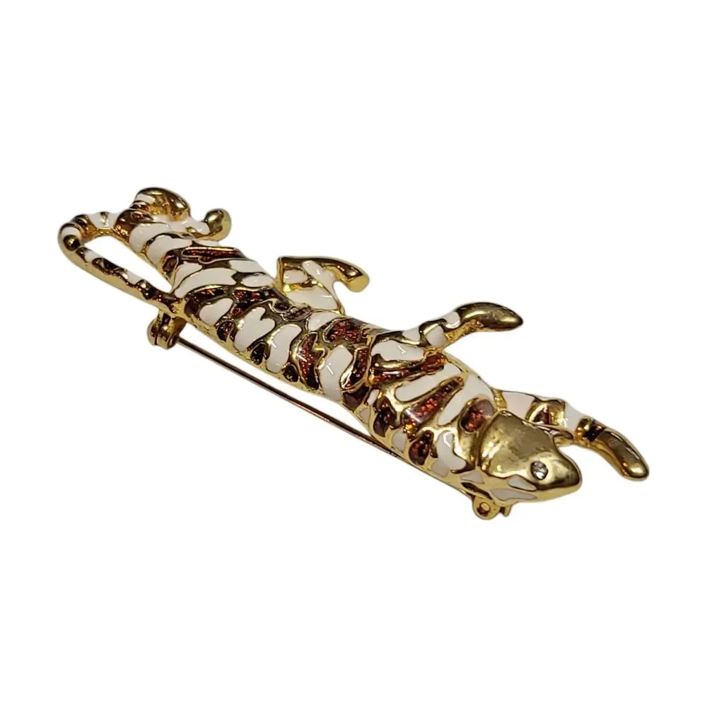 Vintage Gold Tone Shimmer Enamel Rhinestone Eye Panther Cat Brooch Pin